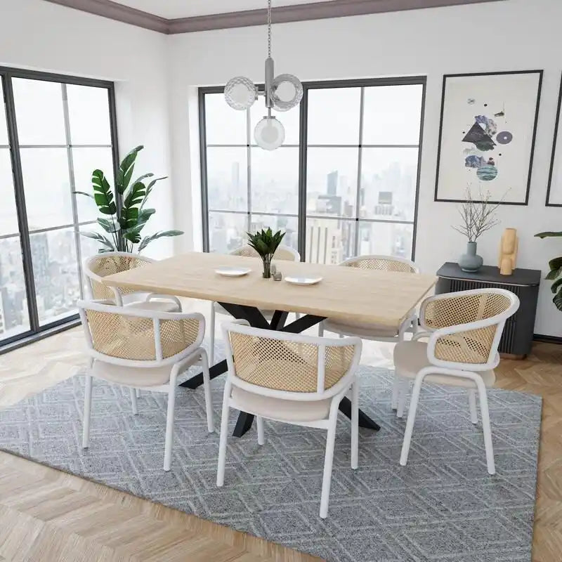 Chaise d'appoint moderne et élégante avec dossier en rotin et pieds en acier blanc pour salle à manger et cuisine