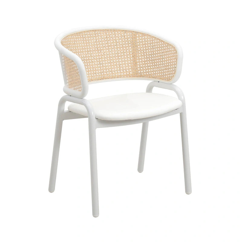 Chaise d'appoint moderne et élégante avec dossier en rotin et pieds en acier blanc pour salle à manger et cuisine