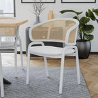 Chaise d'appoint moderne et élégante avec dossier en rotin et pieds en acier blanc pour salle à manger et cuisine