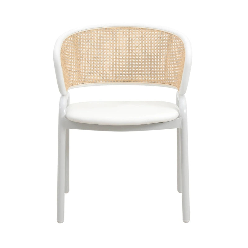 Chaise d'appoint moderne et élégante avec dossier en rotin et pieds en acier blanc pour salle à manger et cuisine