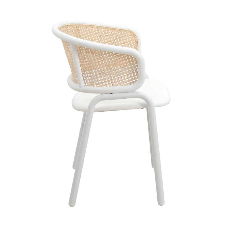 Chaise d'appoint moderne et élégante avec dossier en rotin et pieds en acier blanc pour salle à manger et cuisine