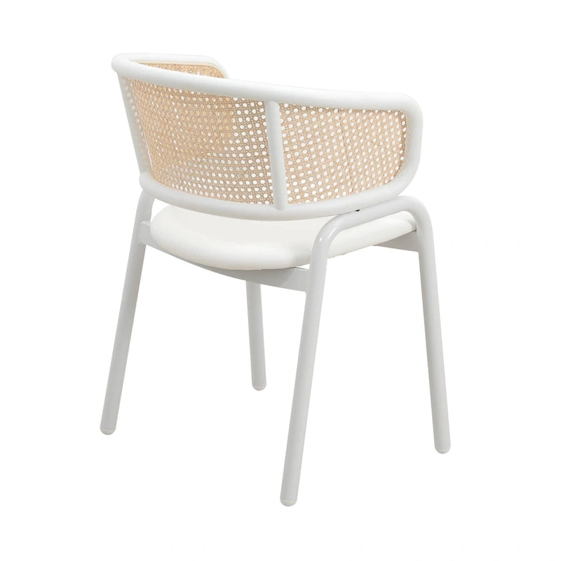 Chaise d'appoint moderne et élégante avec dossier en rotin et pieds en acier blanc pour salle à manger et cuisine