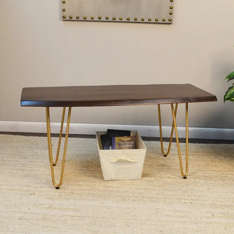 Table basse/Banc Seti Live Edge – Plateau en orme – Piètement doré