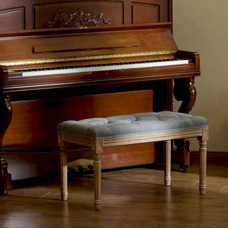 Banc français vintage tapissé avec cadre en bois massif sculpté