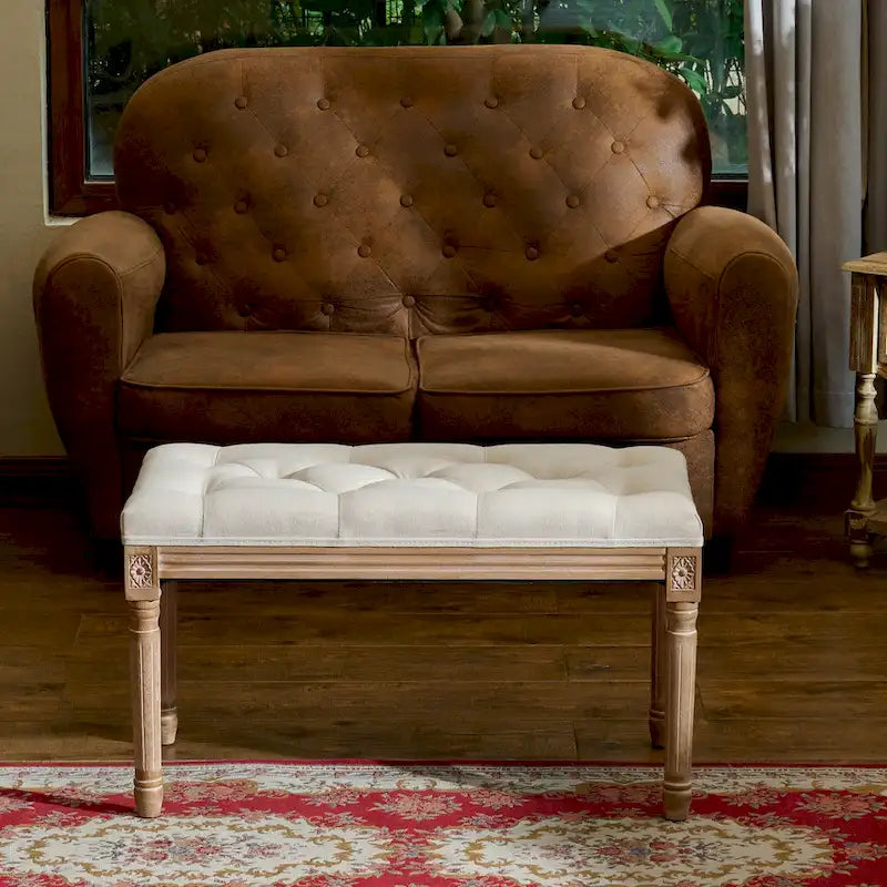 Banc français vintage tapissé avec cadre en bois massif sculpté