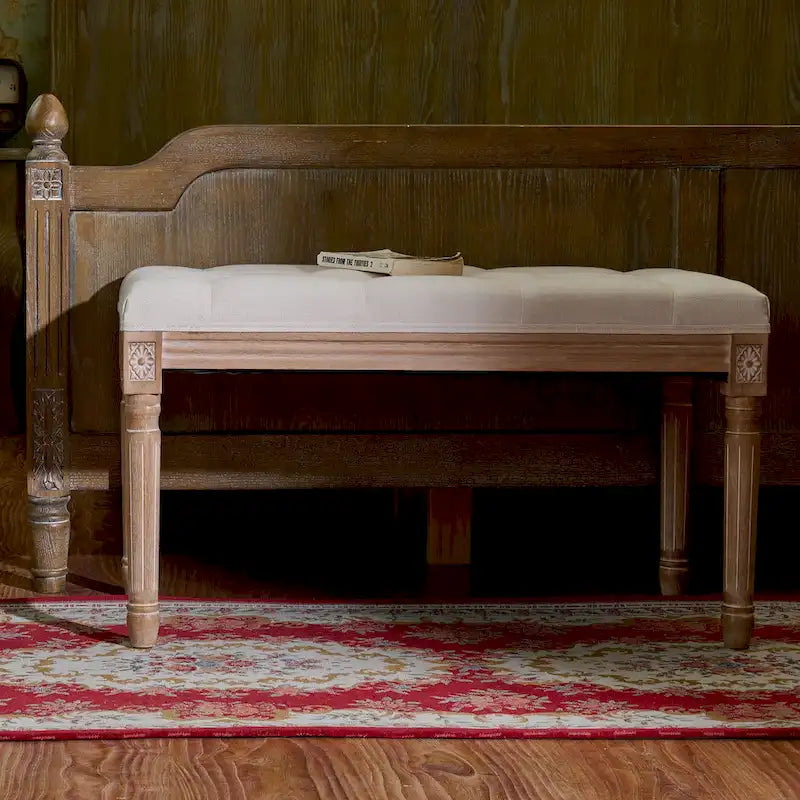 Banc français vintage tapissé avec cadre en bois massif sculpté