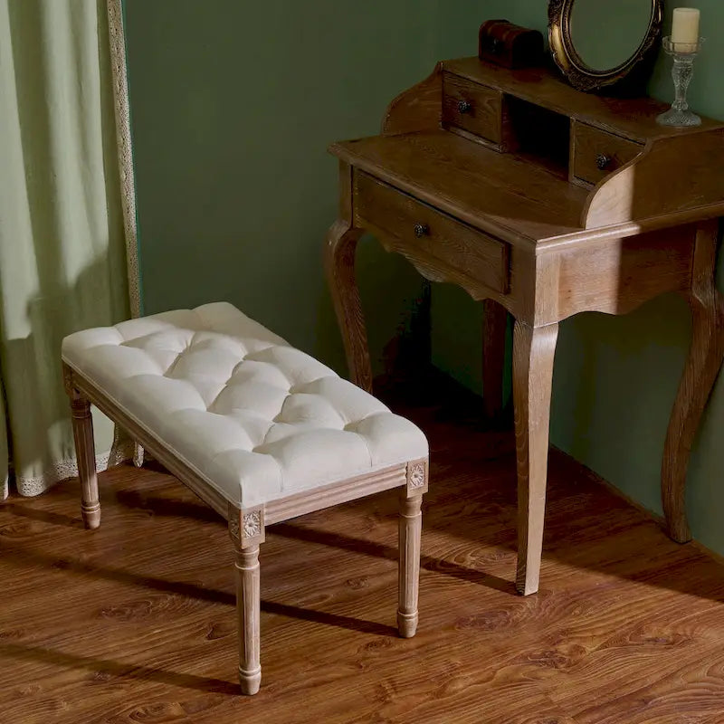 Banc français vintage tapissé avec cadre en bois massif sculpté