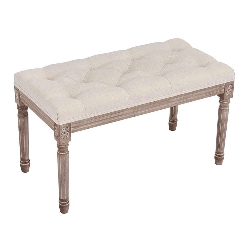 Banc français vintage tapissé avec cadre en bois massif sculpté
