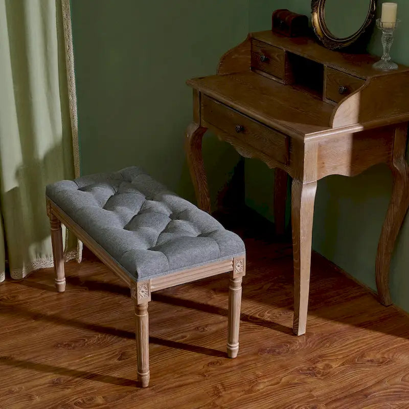 Banc français vintage tapissé avec cadre en bois massif sculpté