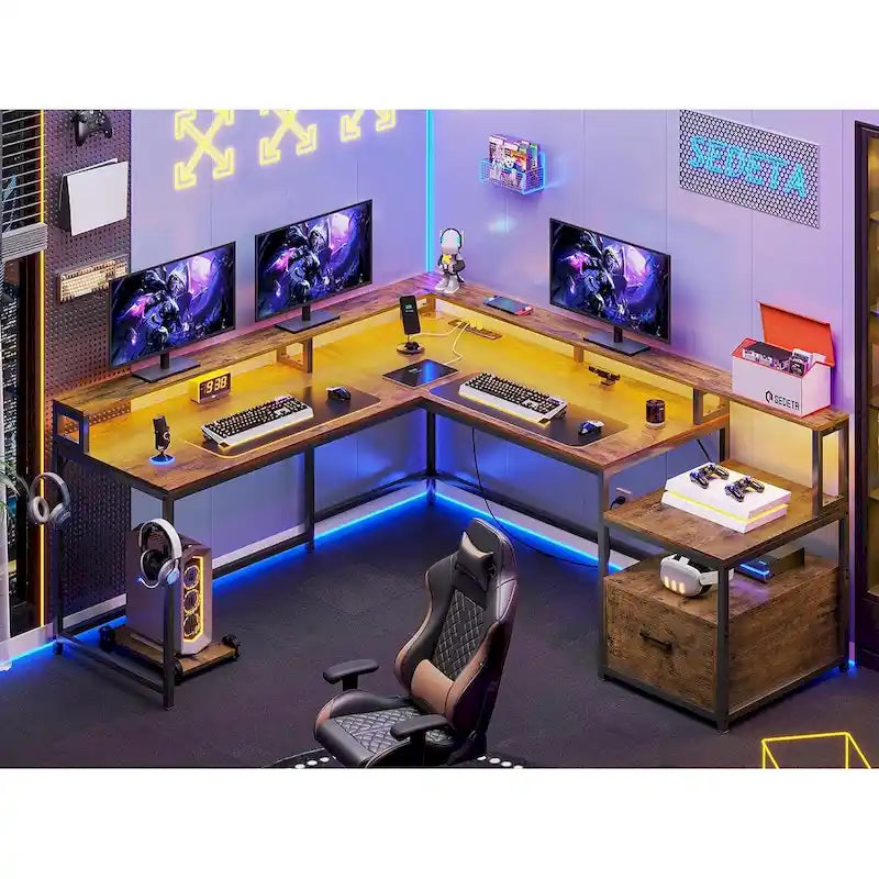 Bureau d'angle informatique avec tiroir de classement et étagères pour imprimante