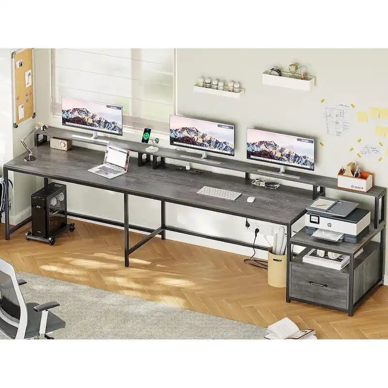 Bureau d'angle informatique avec tiroir de classement et étagères pour imprimante