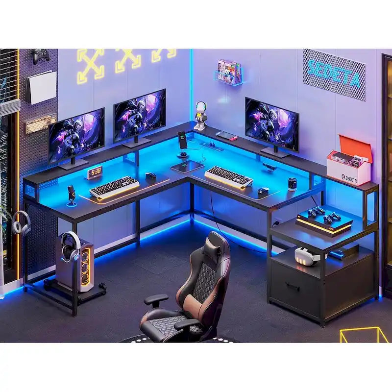 Bureau d'angle informatique avec tiroir de classement et étagères pour imprimante
