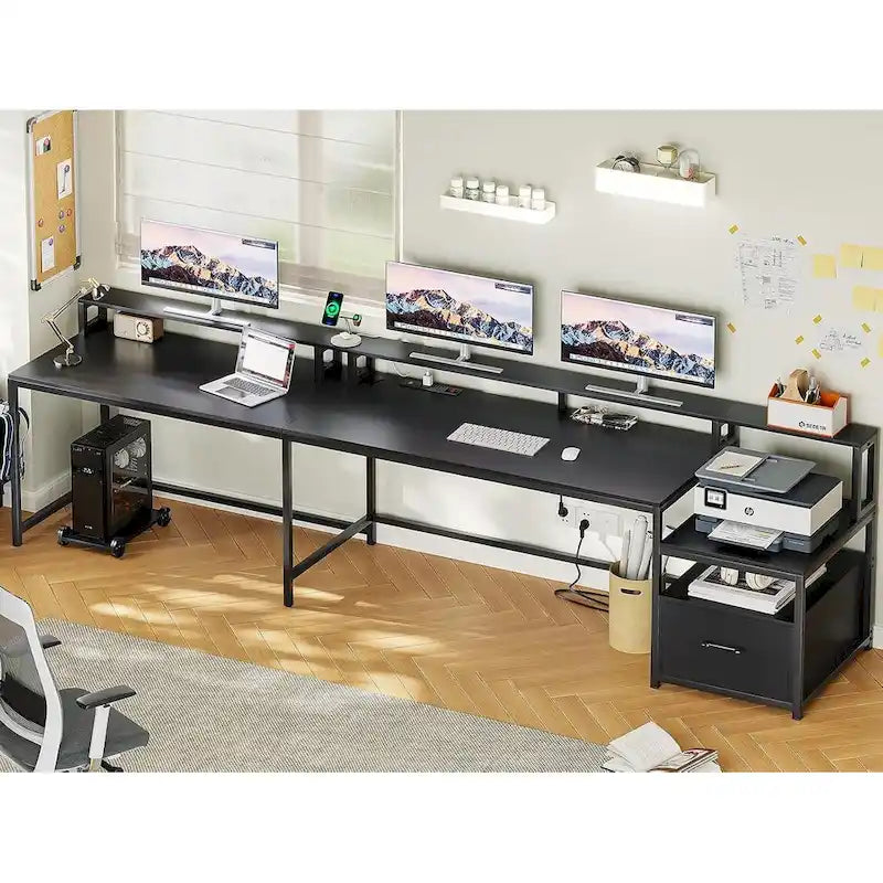 Bureau d'angle informatique avec tiroir de classement et étagères pour imprimante