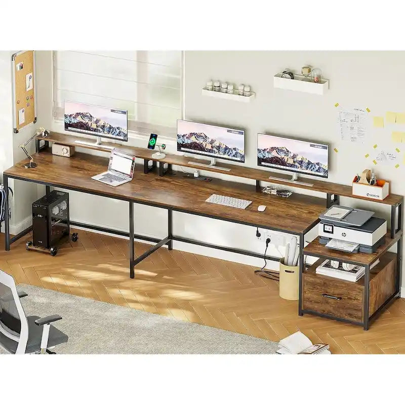 Bureau d'angle informatique avec tiroir de classement et étagères pour imprimante
