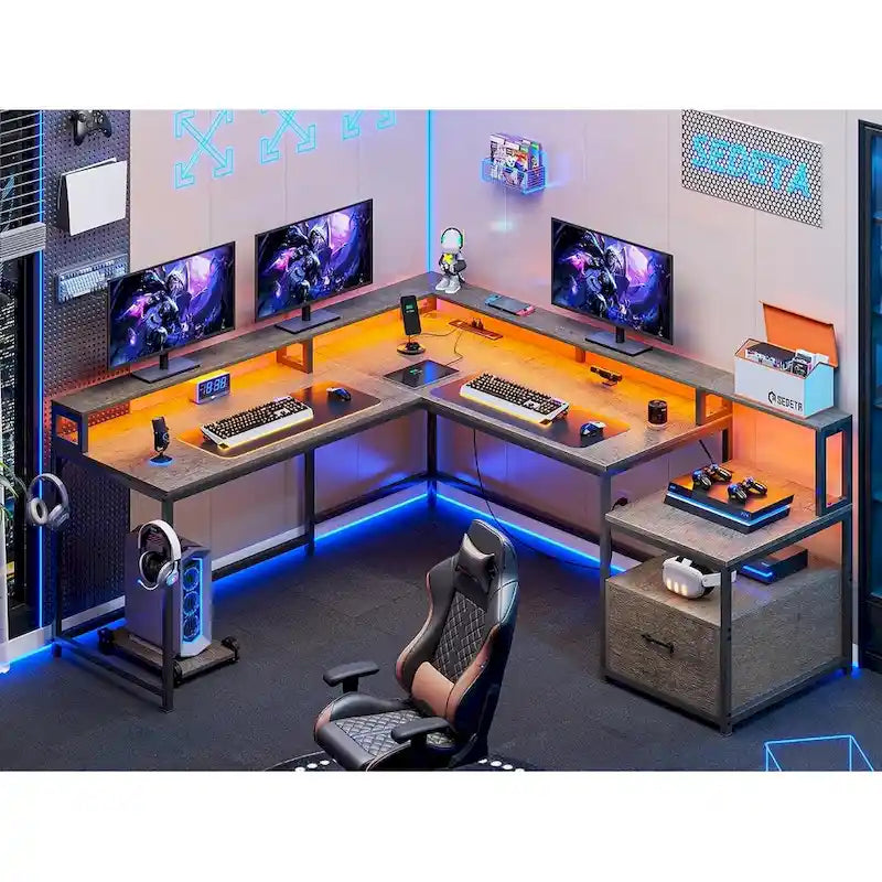 Bureau d'angle informatique avec tiroir de classement et étagères pour imprimante