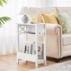 Table d'appoint de canapé moderne avec étagère de rangement, table d'appoint étroite à 3 niveaux, blanc