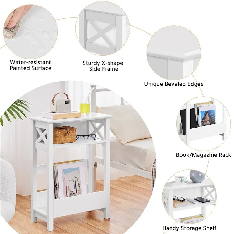 Table d'appoint de canapé moderne avec étagère de rangement, table d'appoint étroite à 3 niveaux, blanc