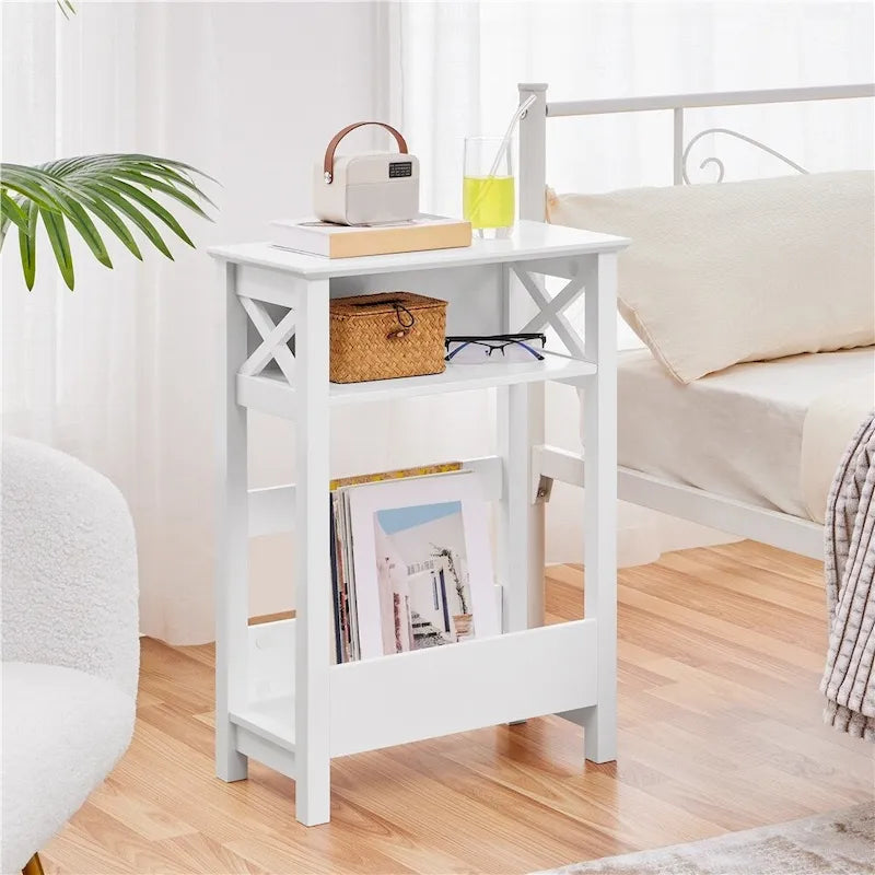 Table d'appoint de canapé moderne avec étagère de rangement, table d'appoint étroite à 3 niveaux, blanc