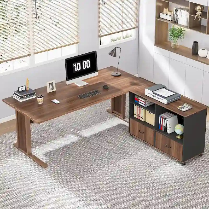 Bureau d'ordinateur de direction en forme de L de 63 pouces avec classeur mobile pour bureau à domicile