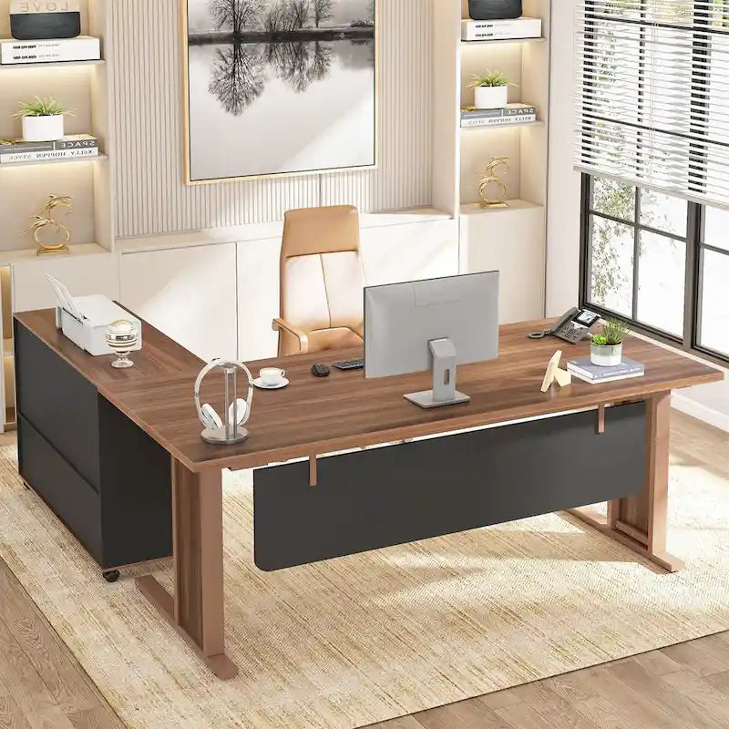 Bureau d'ordinateur de direction en forme de L de 63 pouces avec classeur mobile pour bureau à domicile