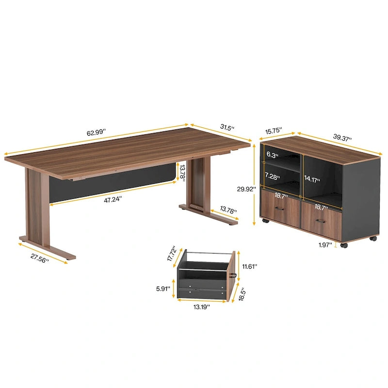 Bureau d'ordinateur de direction en forme de L de 63 pouces avec classeur mobile pour bureau à domicile