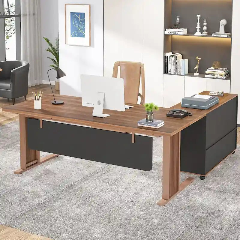 Bureau d'ordinateur de direction en forme de L de 63 pouces avec classeur mobile pour bureau à domicile