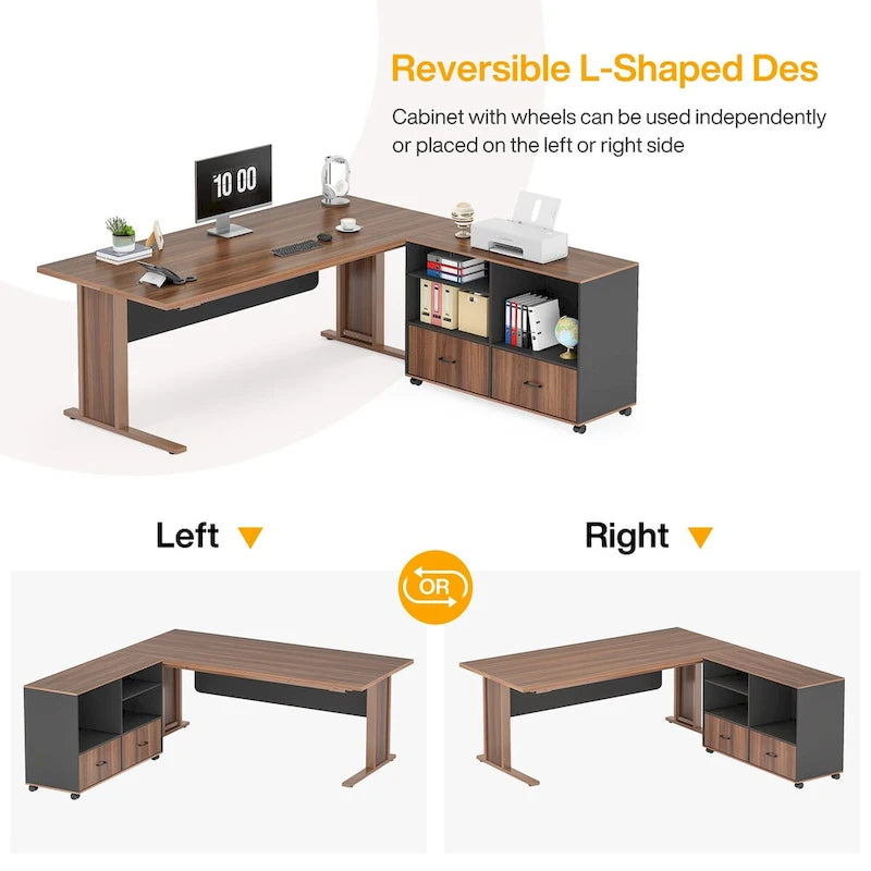 Bureau d'ordinateur de direction en forme de L de 63 pouces avec classeur mobile pour bureau à domicile
